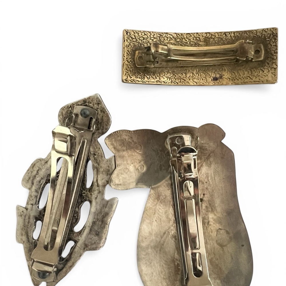 Vintage Hair Clips Lot Of 3 Barrette Etched Metal Cat FIsh Celestial folk art - Picture 6 of 13